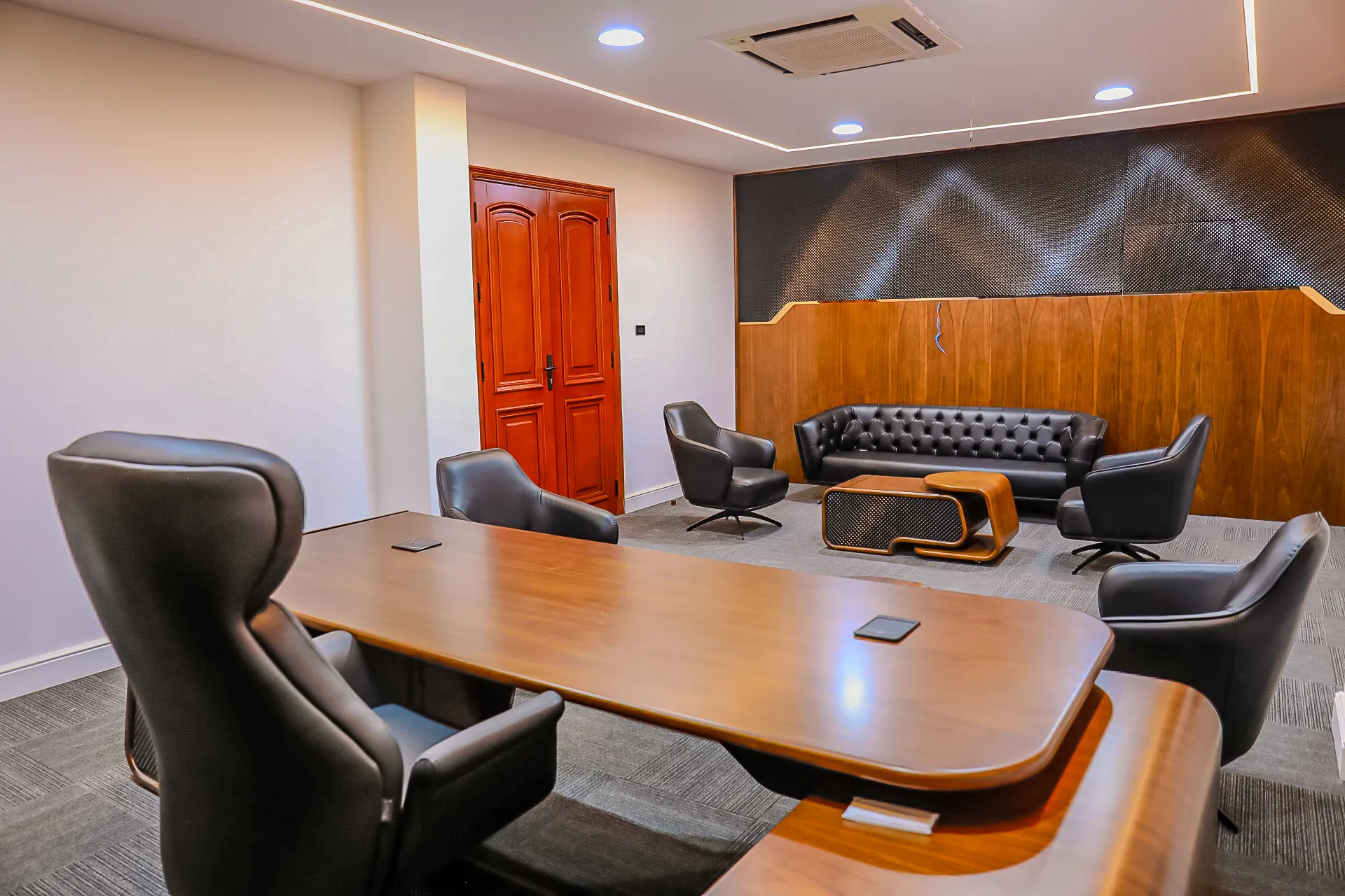 The feature wall carrying the company's logo